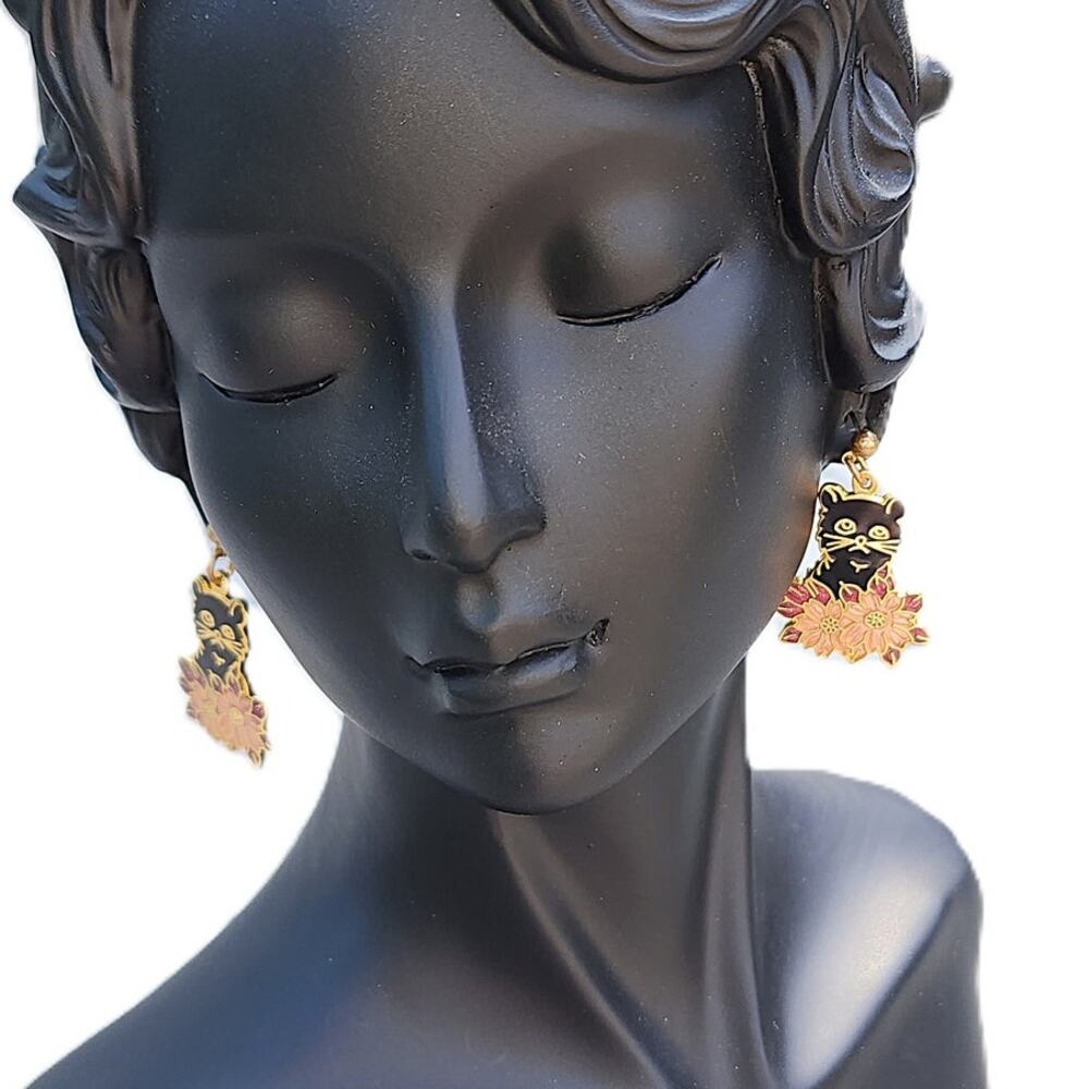 Cloisonne Gold Tone Black Cat Floral Enamel Pierced Dangle Earrings